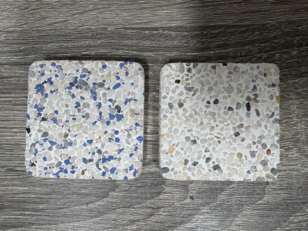Photo of two different pebble pool plaster samples
